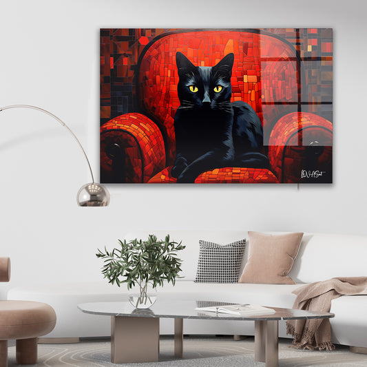 Kırmızı Koltukta Siyah Kedi cam tablo — farklı açıdan görünüm
