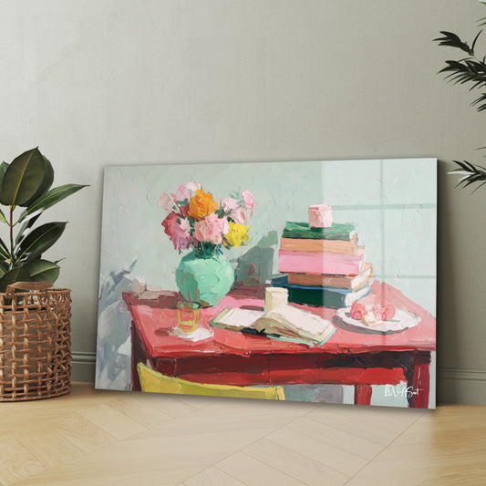Kırmızı Masada Kitaplar cam tablo — iç mekân uygulama örneği