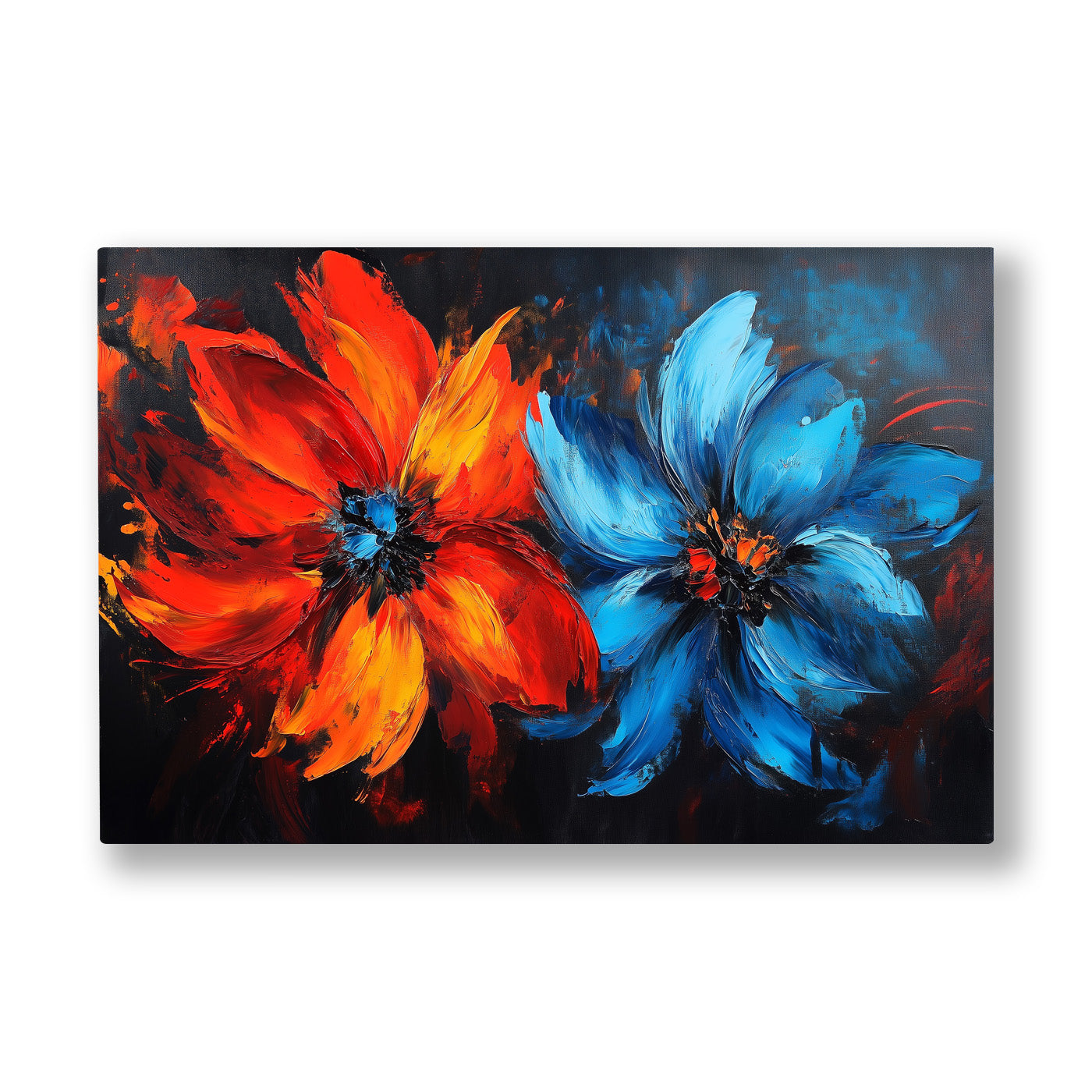 Kırmızı Mavi Çiçekler 2 kanvas tablo — Simsiyah bir karanlıkta yan yana açan bir ateş bir de buz çiçeği.
