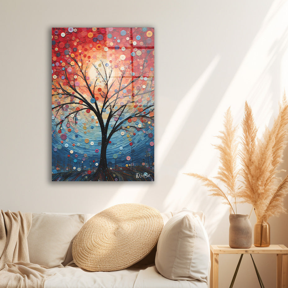 Kırmızı Mavi Yaşam Ağacı cam tablo — duvarda dekorasyon görünümü