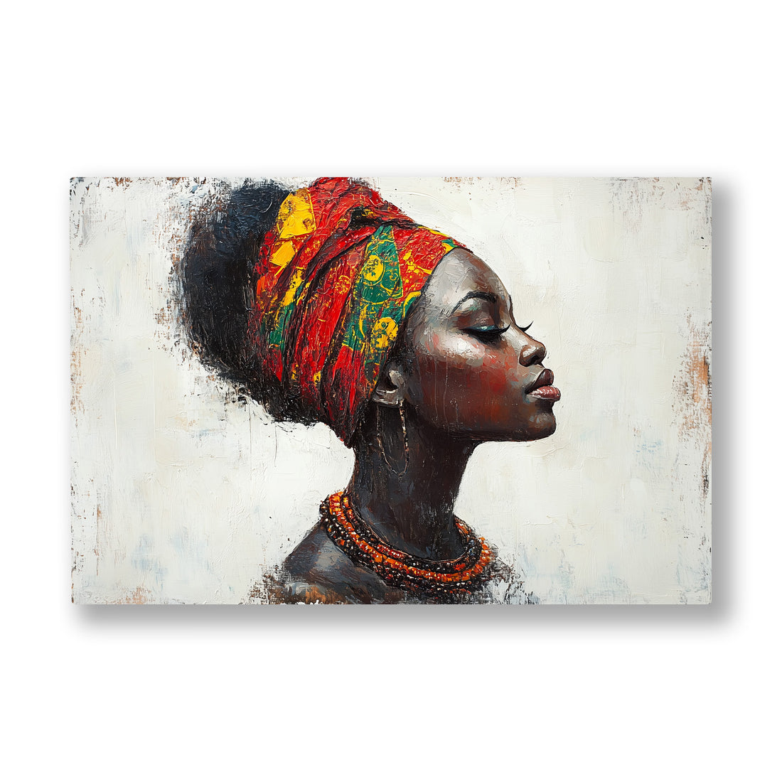 Kırmızı Sarıklı Profil kanvas tablo — Renkli türbanıyla başını hafifçe kaldırmış Afrikalı kadının yan profili.
