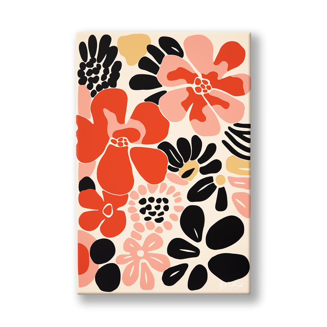 Kırmızı Siyah Çiçekler kanvas tablo — Pudra pembe zeminde iri mercan ve siyah çiçeklerden kurulu neşeli bir desen.