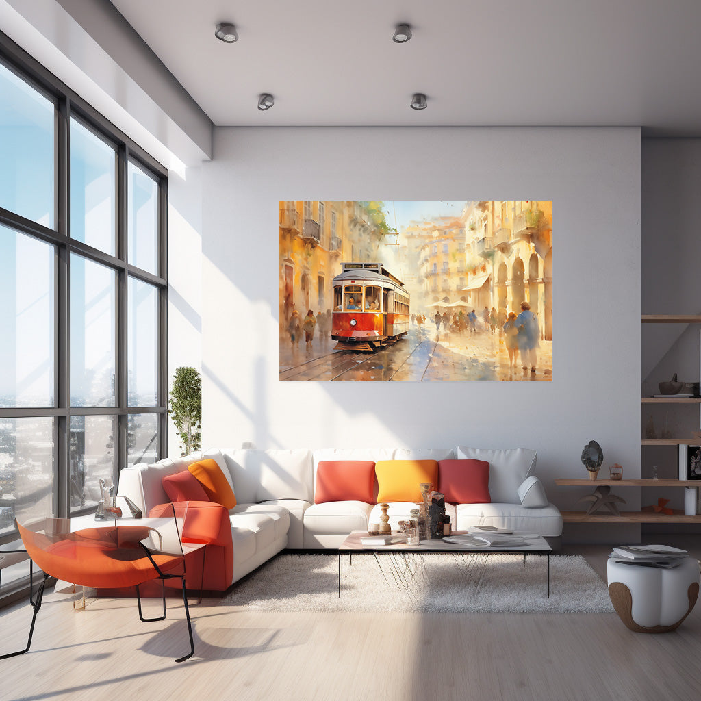 Kırmızı Tramvay 2 kanvas tablo — iç mekân uygulama örneği
