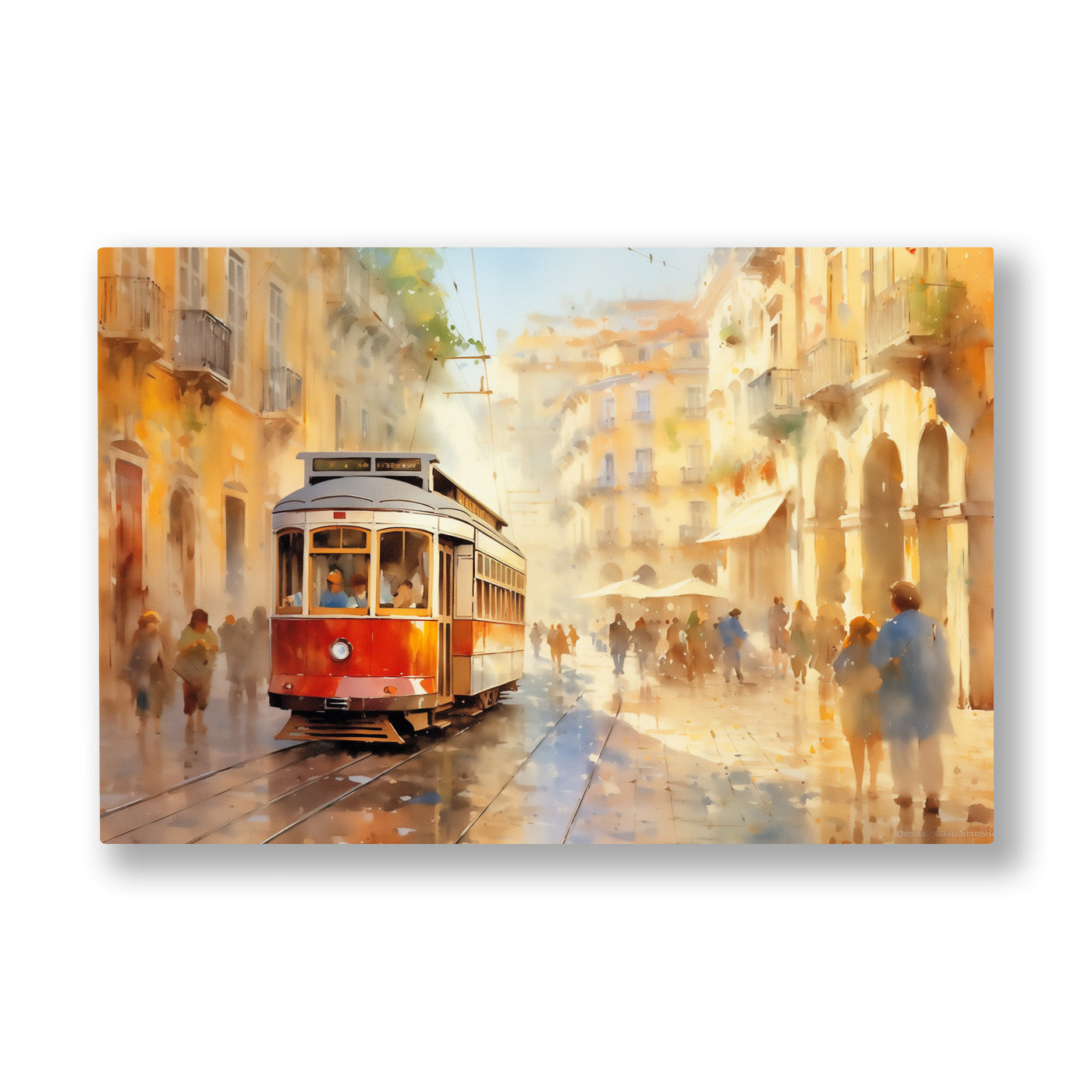 Kırmızı Tramvay 2 kanvas tablo — Bej taş binaların arasından geçen kırmızı tramvay ve yürüyen insanlar.
