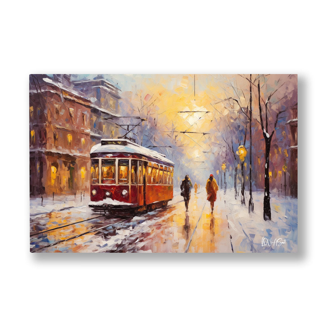 Kırmızı Tramvay kanvas tablo — Karlı bir akşamda altın ışıkların arasından geçen kırmızı tramvay.