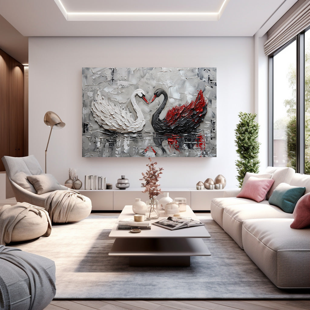 Kırmızı ve Beyaz Kuğular kanvas tablo — farklı açıdan görünüm