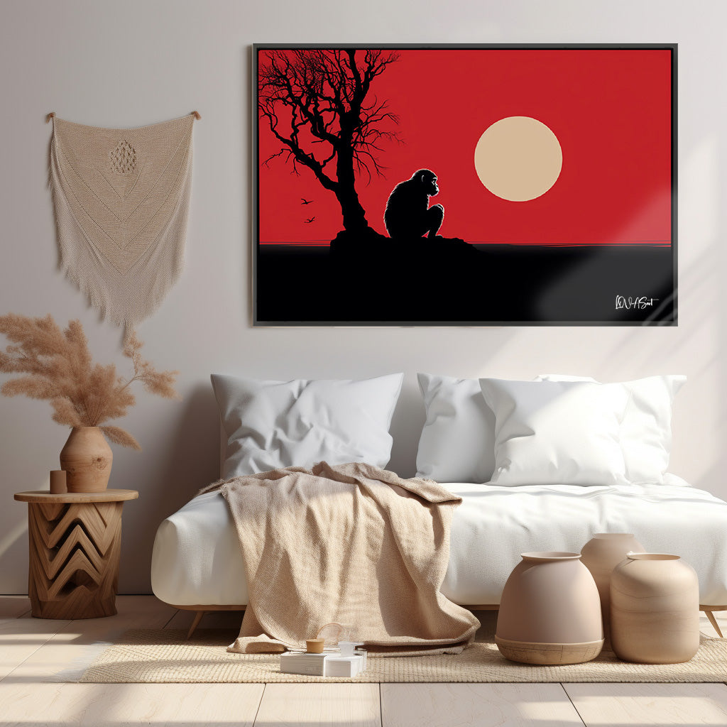 Kırmızı Zeminde Ağaç - Kalın Metal Çerçeveli Kanvas Tablo