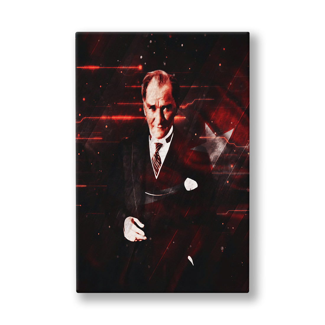 Kırmızı Zeminde Atatürk Portresi kanvas tablo — Koyu kırmızı bir ışık huzmesinin içinden, siyah takım elbiseli bir Atatürk portresi öne çıkıyor.