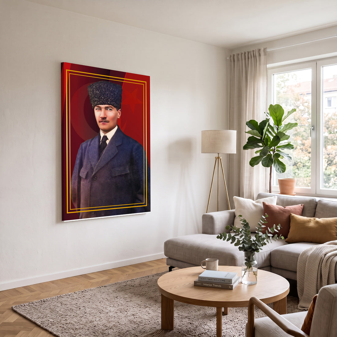 Kırmızı Zeminde Kalpaklı Atatürk kanvas tablo — farklı açıdan görünüm