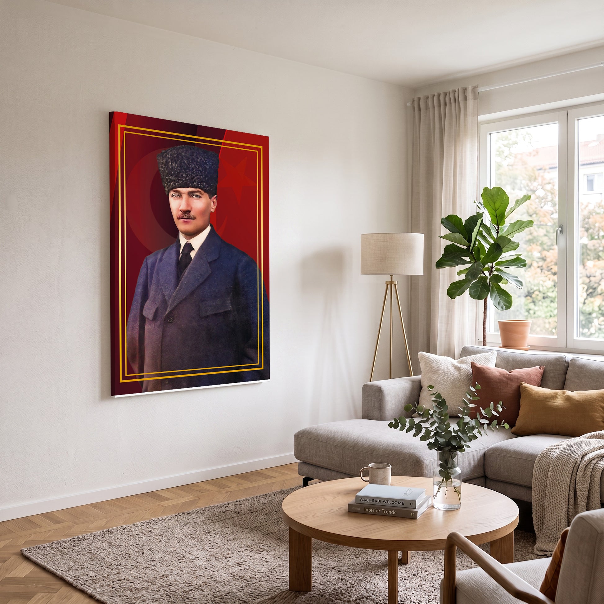 Kırmızı Zeminde Kalpaklı Atatürk kanvas tablo — farklı açıdan görünüm