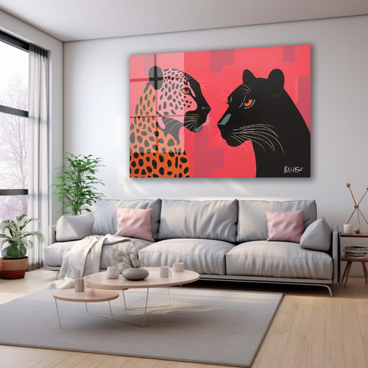 Kırmızı Zeminde Leopar ve Panter cam tablo — farklı açıdan görünüm