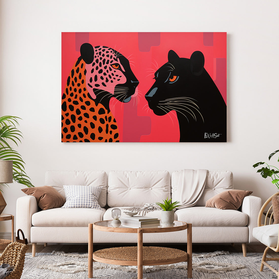 Kırmızı Zeminde Leopar ve Panter kanvas tablo — farklı açıdan görünüm