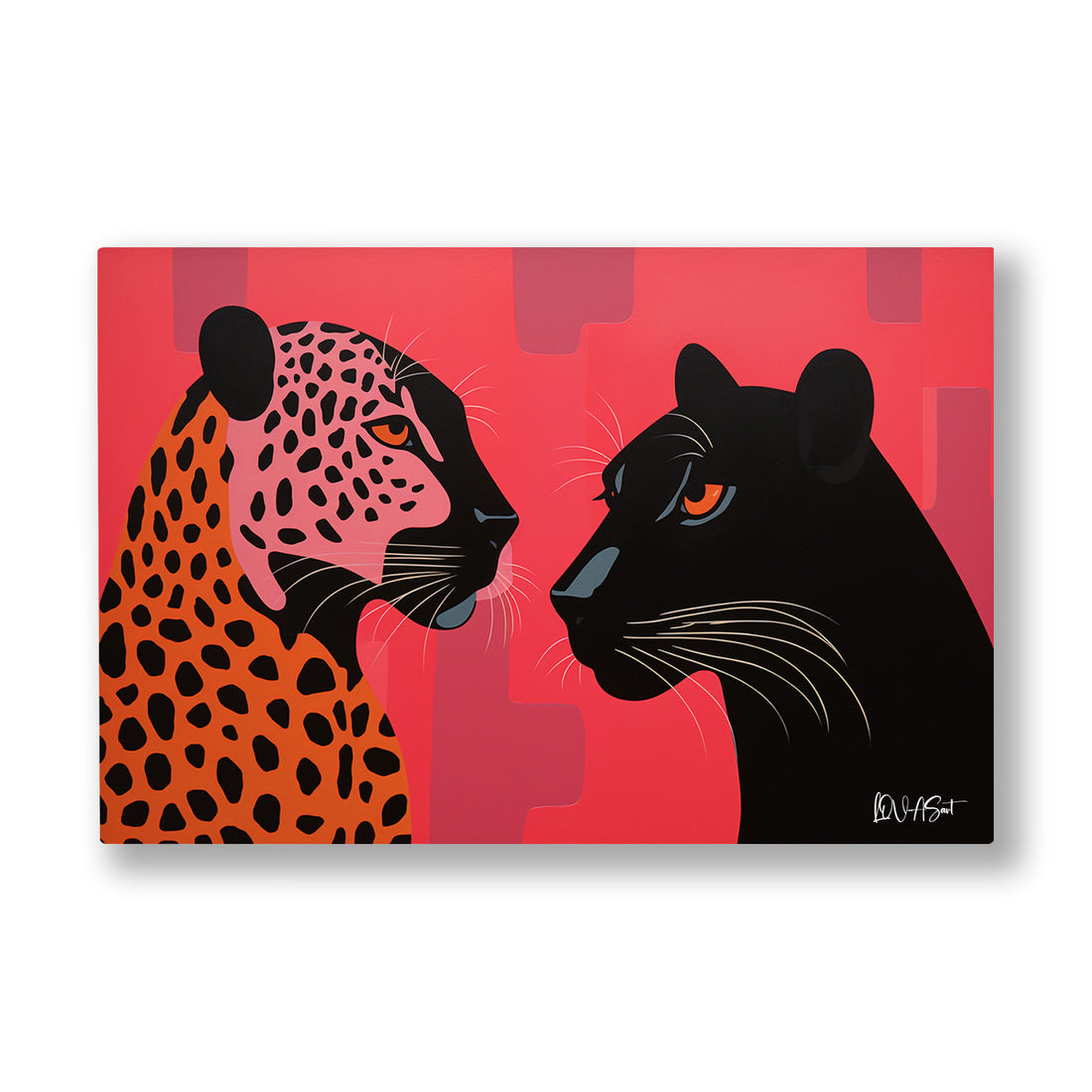 Kırmızı Zeminde Leopar ve Panter kanvas tablo — Kırmızı bir zeminde burun buruna gelmiş leopar ve siyah panter.
