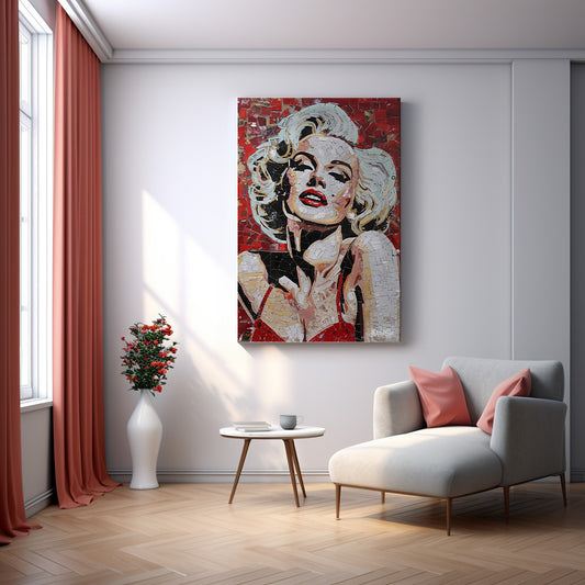 Kırmızı Zeminde Marilyn kanvas tablo — duvarda dekorasyon görünümü