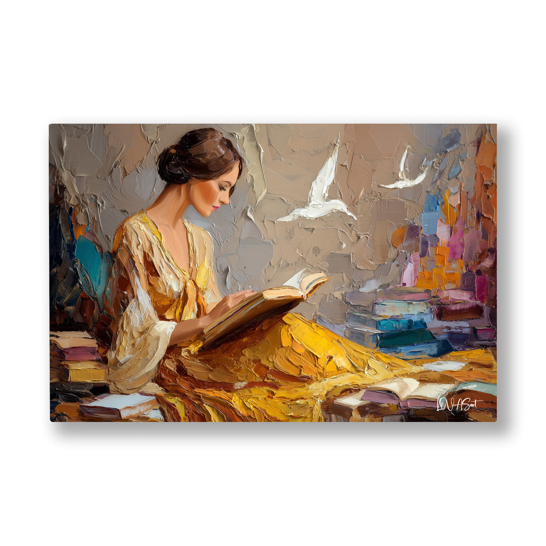 Kitap Okuyan Kadın kanvas tablo — Sarı elbisesiyle kitabına eğilmiş kadının çevresinde uçuşan beyaz kuşlar.