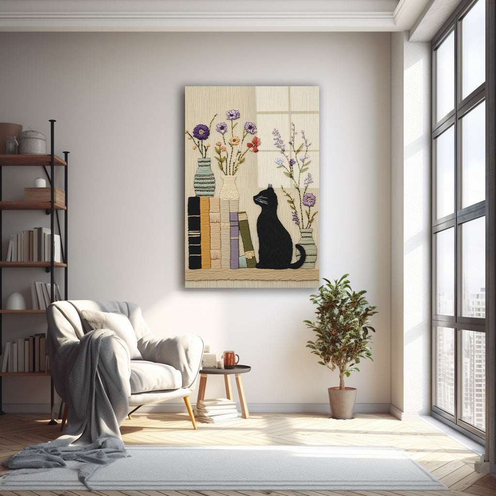 Kitaplar Arasında Siyah Kedi cam tablo — farklı açıdan görünüm