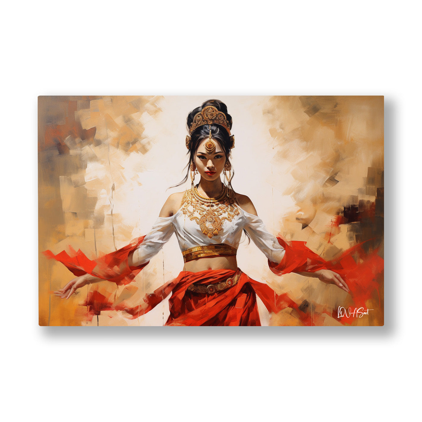 Kızıl Etekli Oryantal Dansçı kanvas tablo — Kollarını açmış, kızıl eteğini dalgalandıran oryantal dansçının anı.