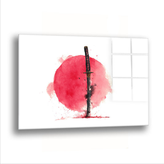 Kızıl Güneş ve Katana cam tablo — Kırmızı güneşin önünde dimdik duran bir katana.