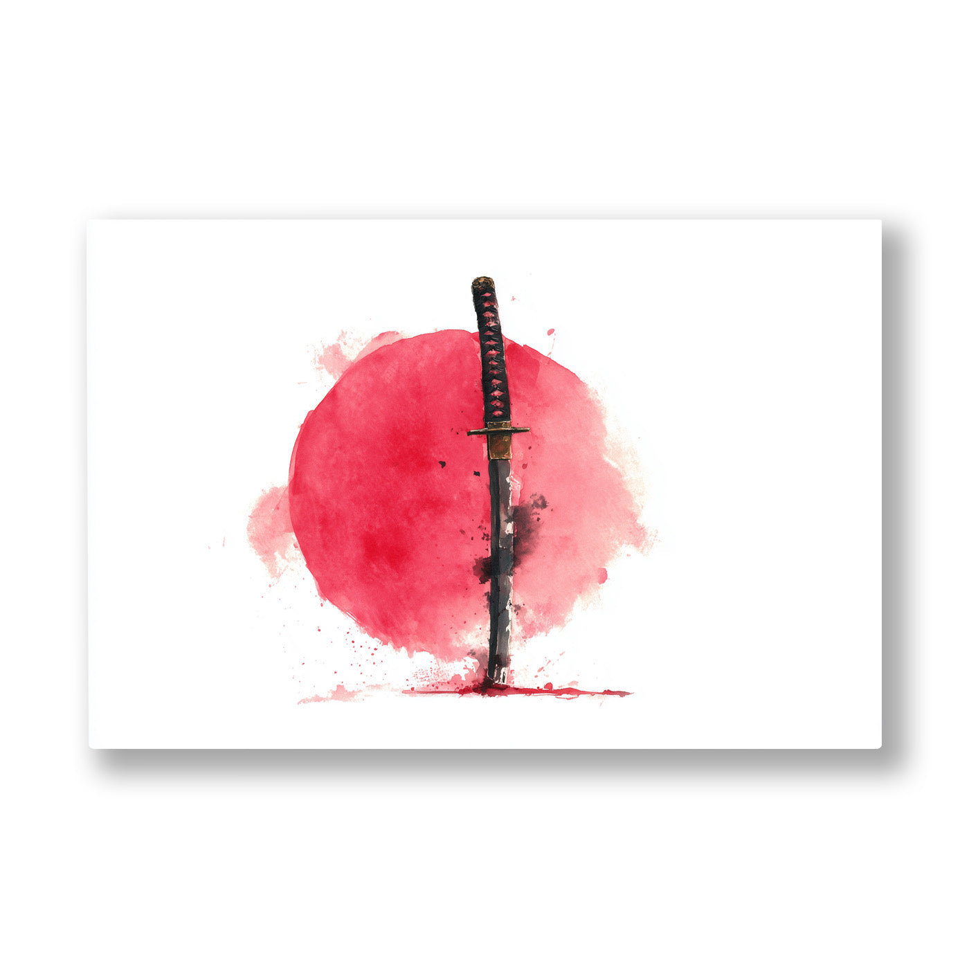 Kızıl Güneş ve Katana kanvas tablo — Bembeyaz boşlukta kızıl daireyi ikiye bölen tek bir katananın ucu.