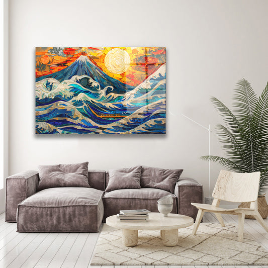 Kızıl Güneşli Dalgalar cam tablo — farklı açıdan görünüm