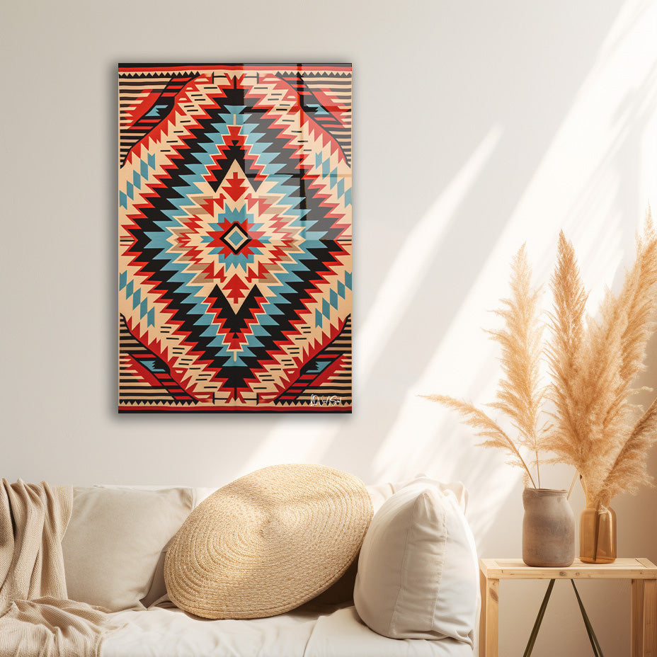 Kızıl Kilim Deseni cam tablo — duvarda dekorasyon görünümü