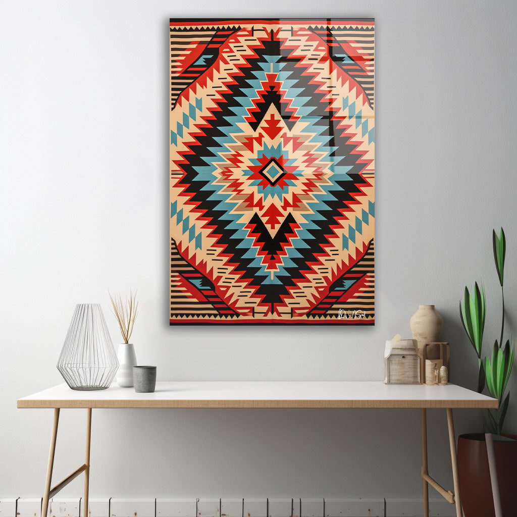 Kızıl Kilim Deseni cam tablo — iç mekân uygulama örneği