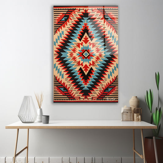 Kızıl Kilim Deseni cam tablo — iç mekân uygulama örneği