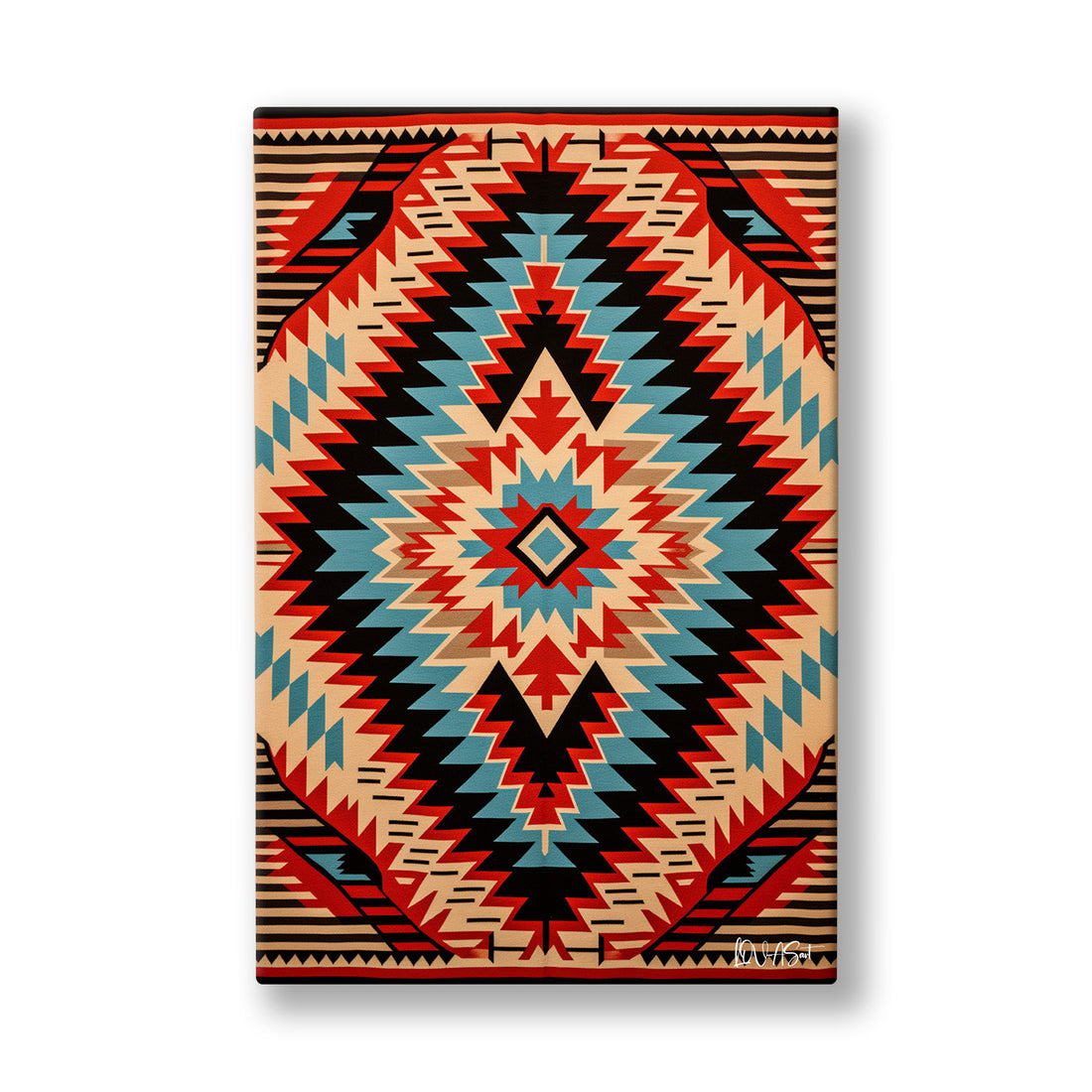 Kızıl Kilim Deseni kanvas tablo — Kırmızı, turkuaz ve siyah baklavaların iç içe geçtiği kilim deseni.