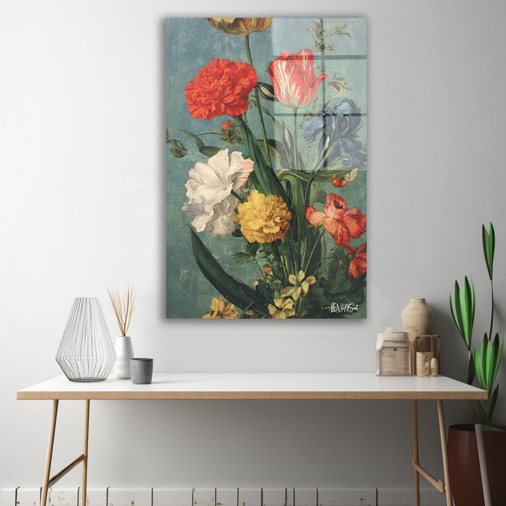 Koyu Fonda Bahar Buketi cam tablo — iç mekân uygulama örneği