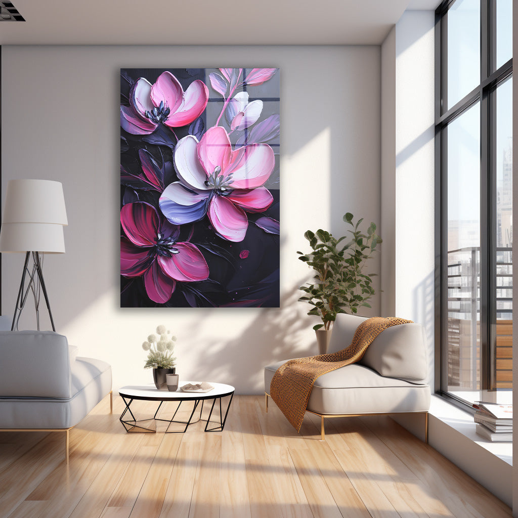 Koyu Fonda Pembe Çiçekler cam tablo — farklı açıdan görünüm