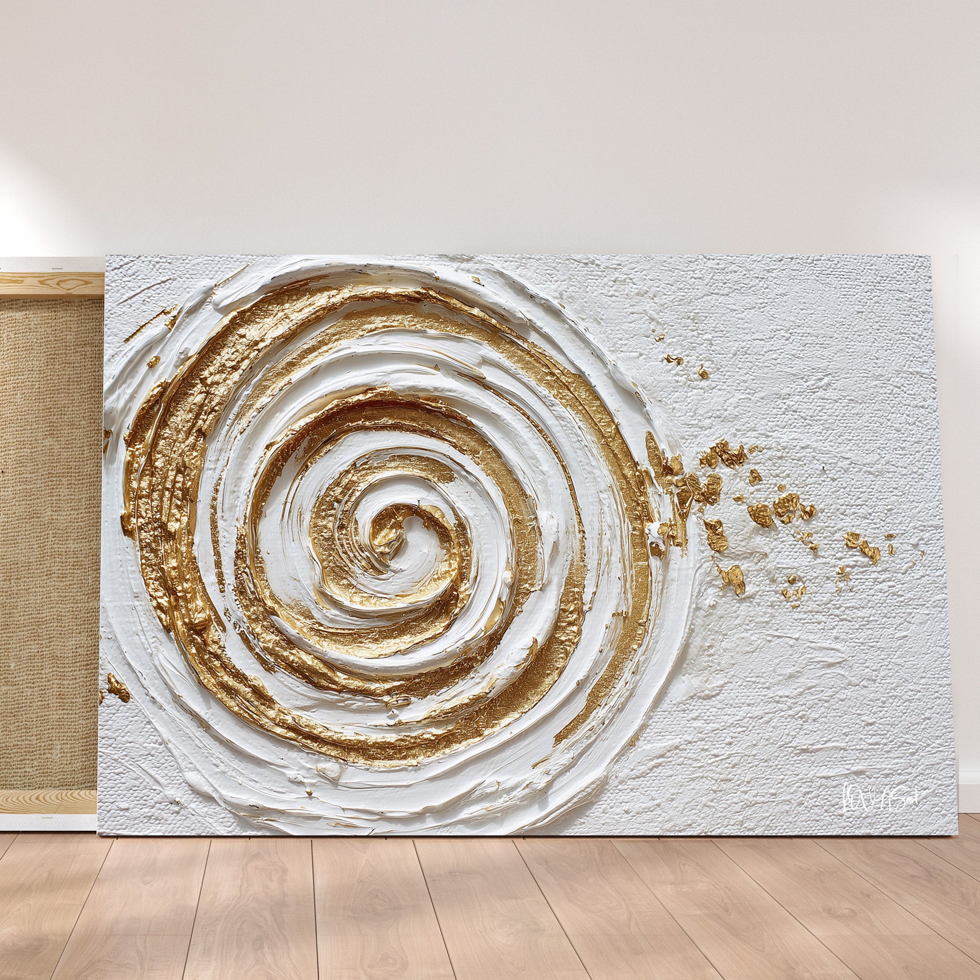 Krem Altın Spiral kanvas tablo — iç mekân uygulama örneği