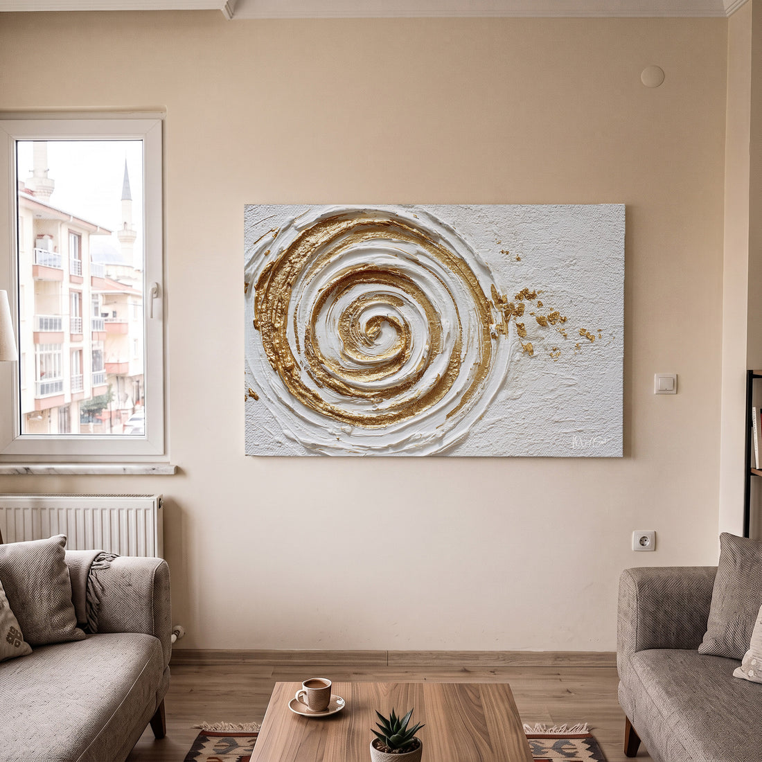 Krem Altın Spiral kanvas tablo — detay görünümü