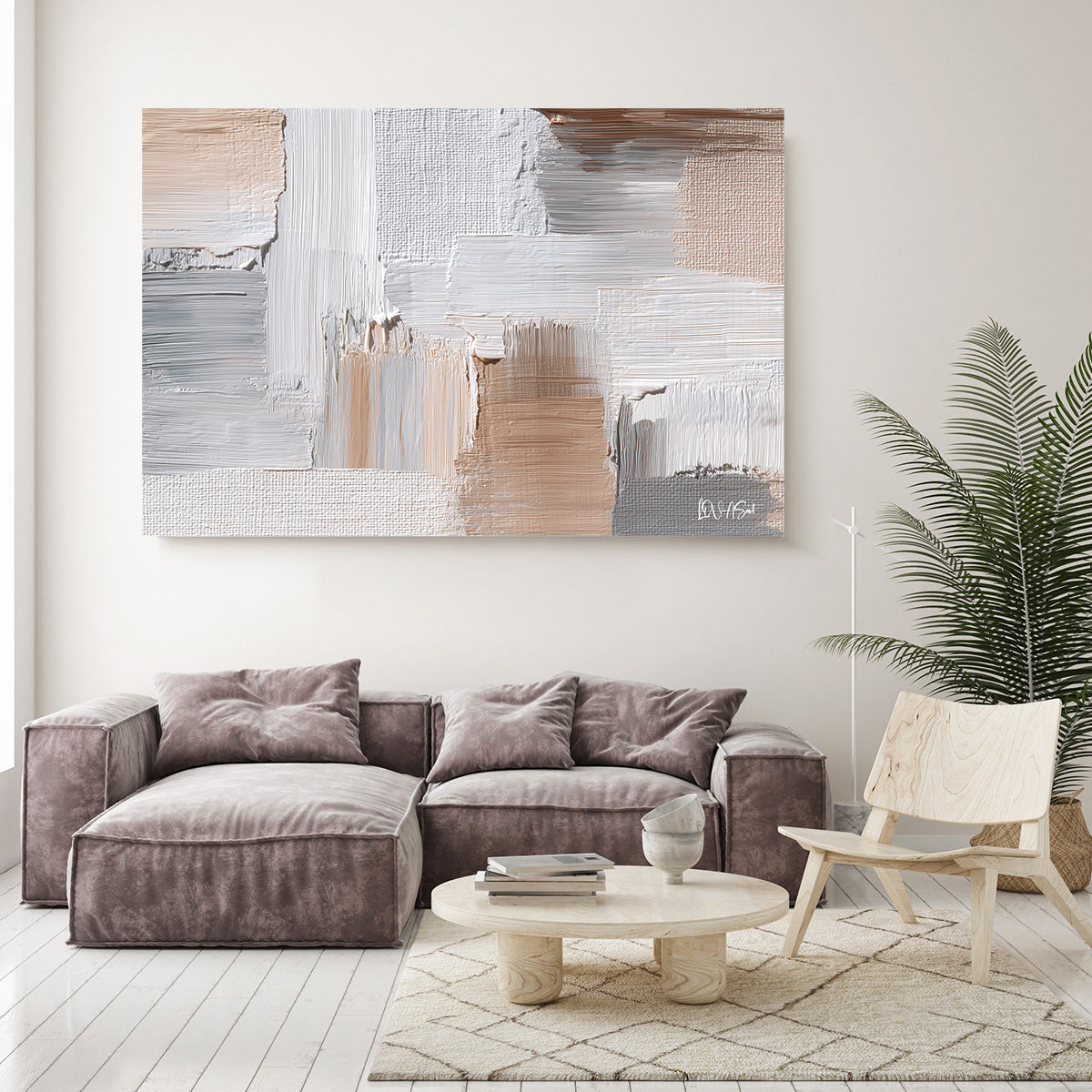 Krem Gri Katmanlar kanvas tablo — iç mekân uygulama örneği