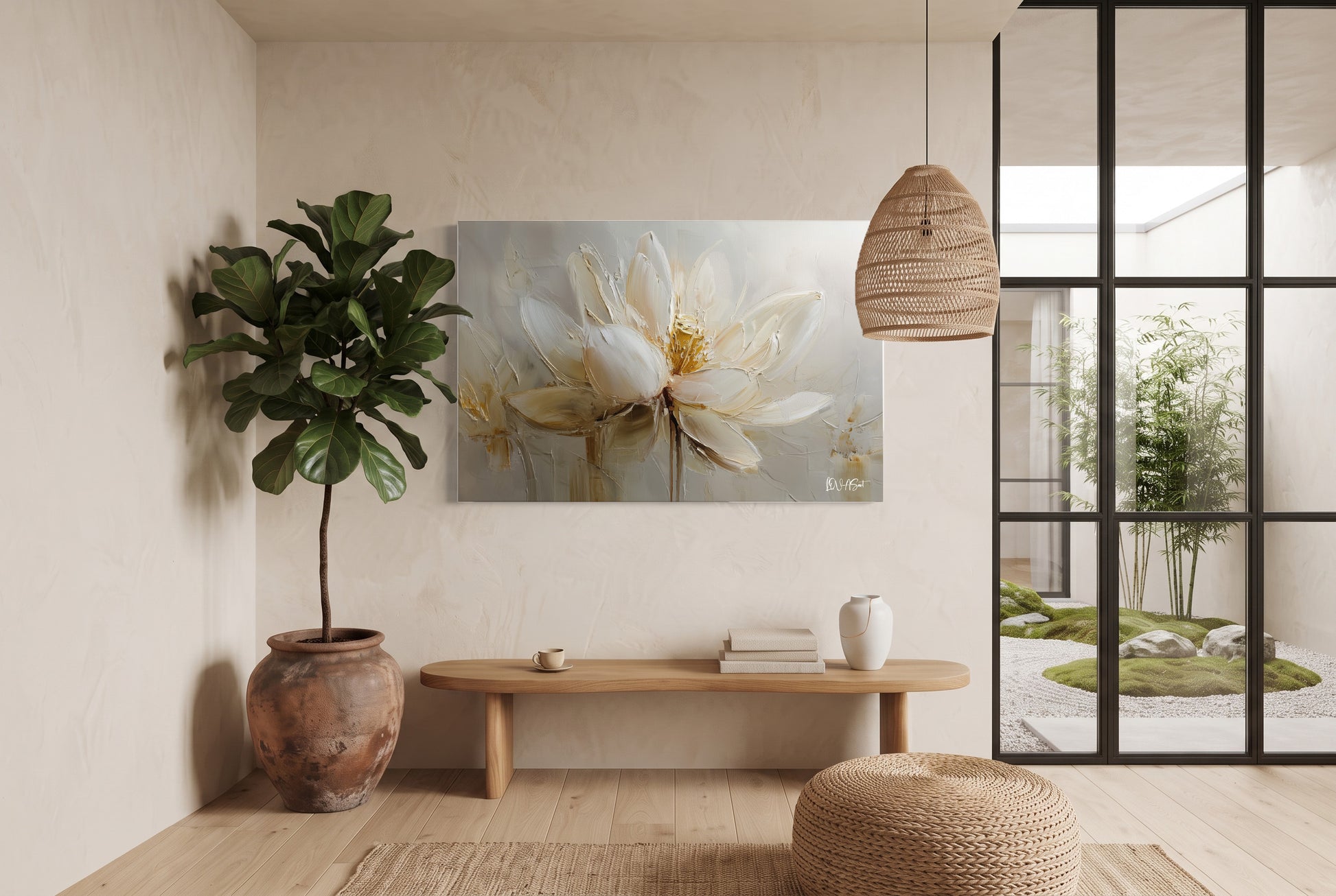 Krem Lotus kanvas tablo — duvarda dekorasyon görünümü