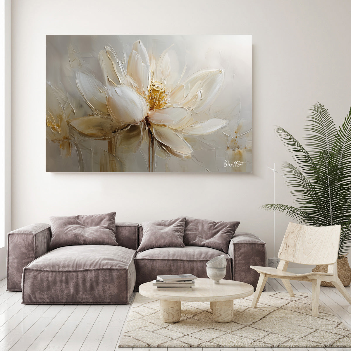 Krem Lotus kanvas tablo — iç mekân uygulama örneği