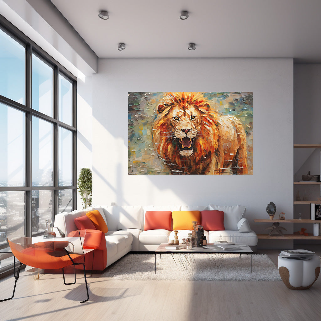 Kükreyen Aslan kanvas tablo — iç mekân uygulama örneği