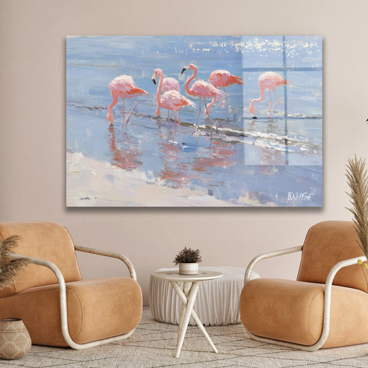 Kumsalda Flamingo Sırası cam tablo — duvarda dekorasyon görünümü