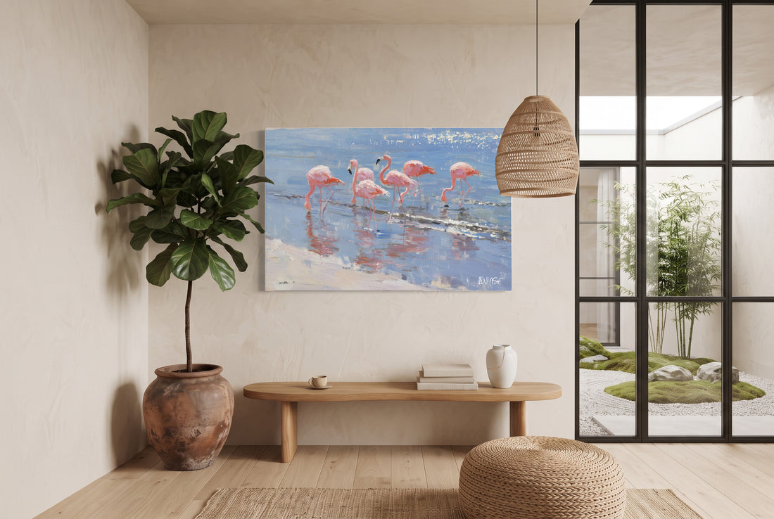 Kumsalda Flamingo Sırası kanvas tablo — duvarda dekorasyon görünümü
