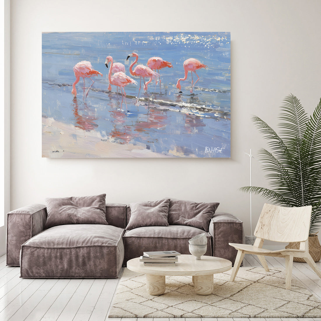 Kumsalda Flamingo Sırası kanvas tablo — iç mekân uygulama örneği