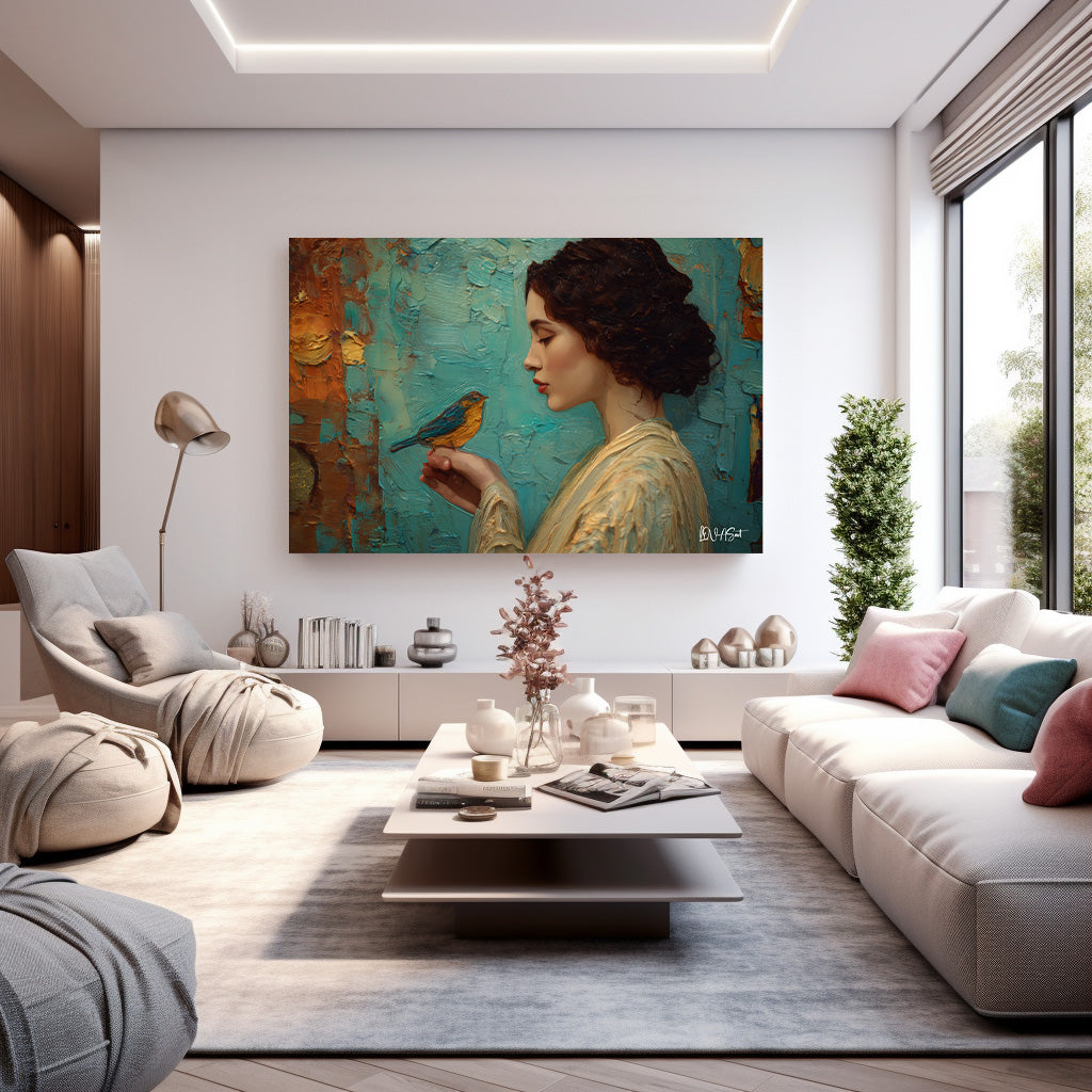 Kuşlu Kadın kanvas tablo — farklı açıdan görünüm