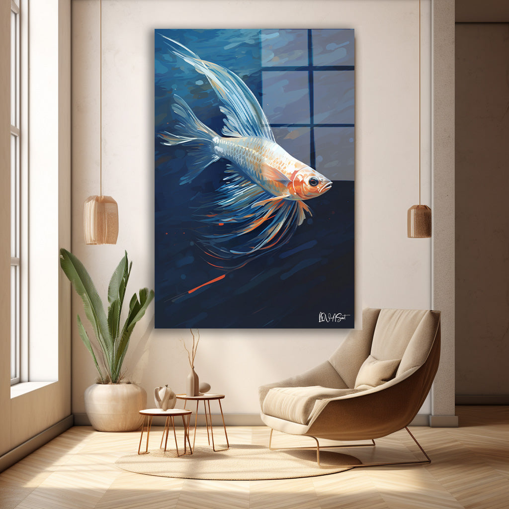 Lacivert Fonda Beyaz Balık cam tablo — farklı açıdan görünüm