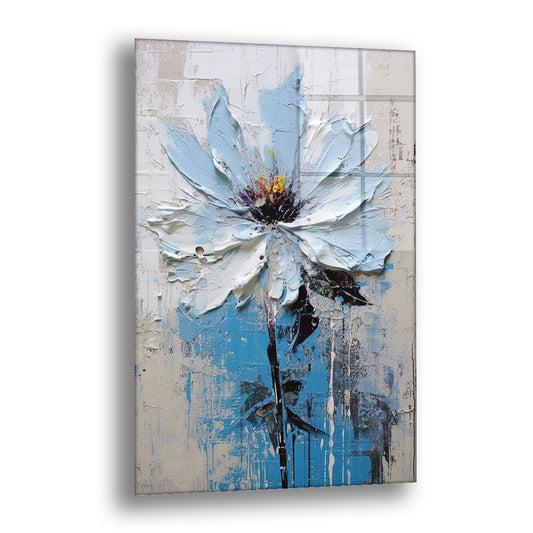 Lacivert Fonda Beyaz Çiçek cam tablo — kalın fırça darbeleriyle yapılmış açık mavi-beyaz bir çiçeği işliyor.