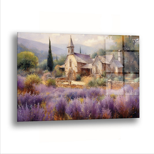 Lavanta Kırında Kilise cam tablo — Lavanta tarlasının ucunda eski bir taş kilise yükseliyor.
