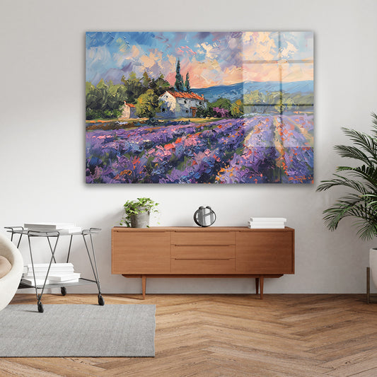 Lavanta Tarlasında Ev cam tablo — farklı açıdan görünüm