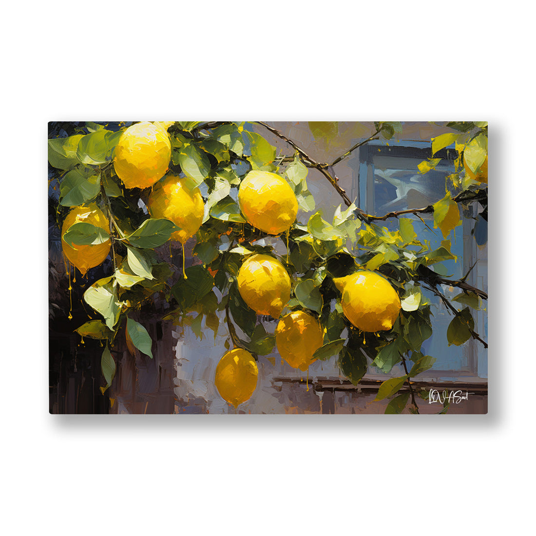 Limon Ağacı kanvas tablo — Soluk gri duvarın önünde ağırlığından eğilmiş bir limon dalı.