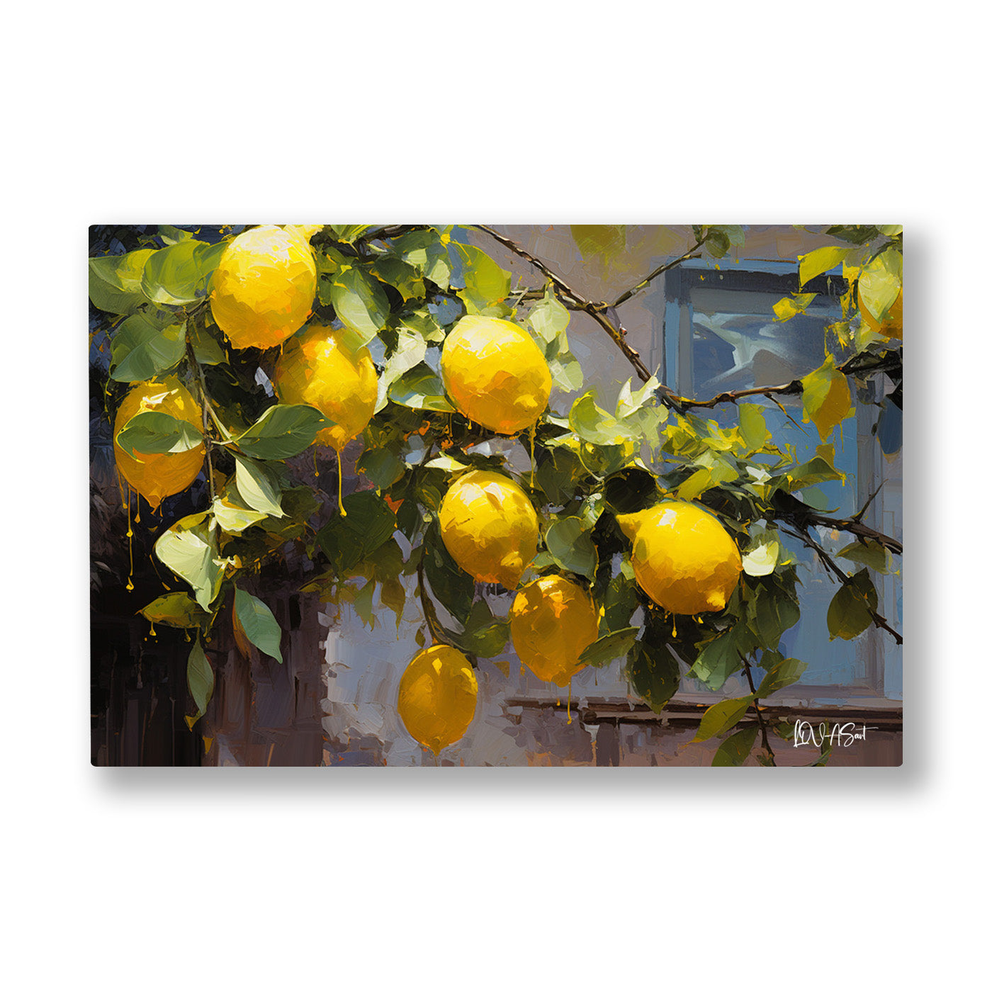 Limon Ağacı kanvas tablo — Soluk gri duvarın önünde ağırlığından eğilmiş bir limon dalı.