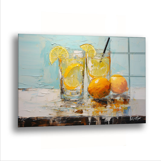 Limonata Bardakları cam tablo — Buzlu limonata dolu iki bardak, yaz öğleden sonrasının en serin anını tutuyor.