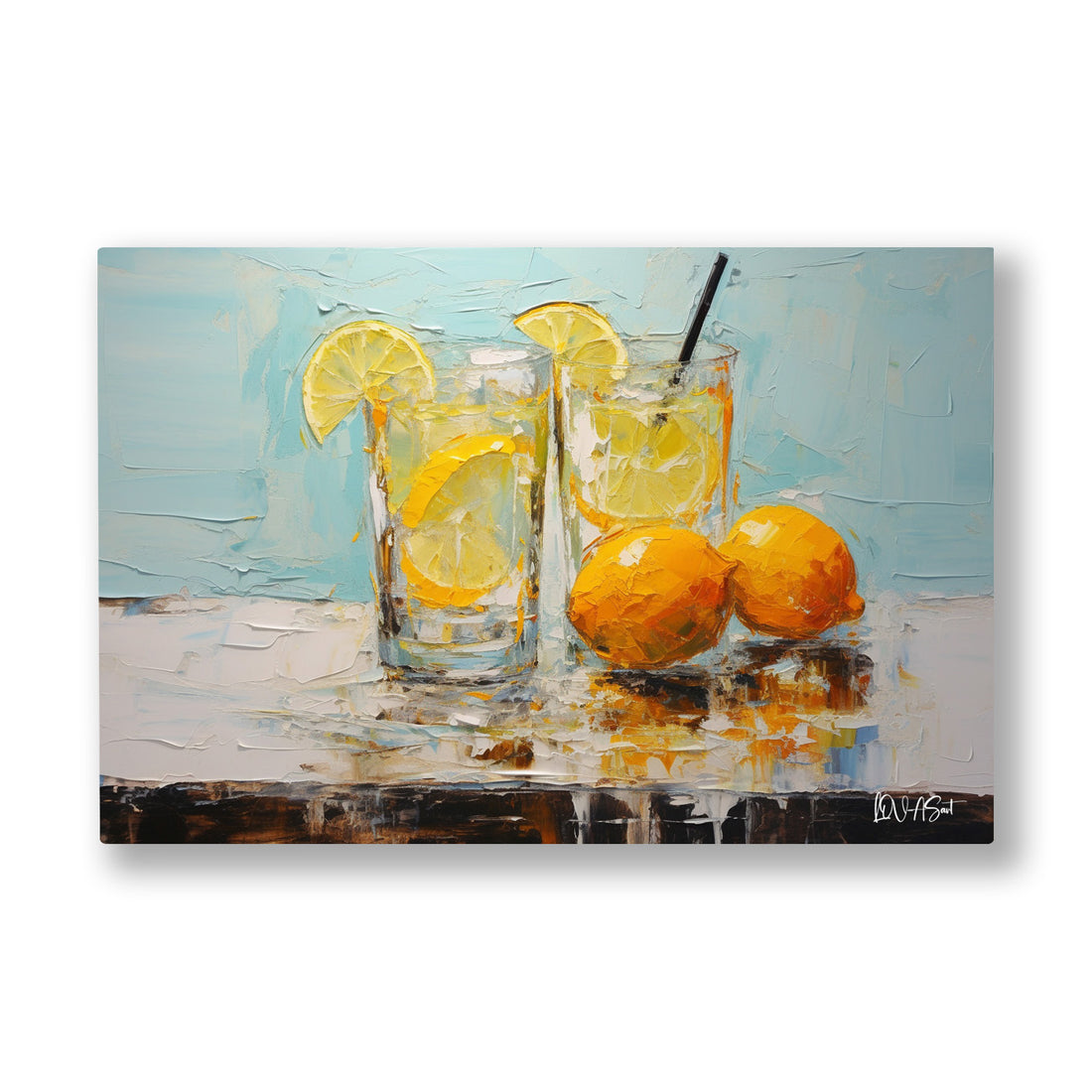 Limonata Bardakları kanvas tablo — Buğulu iki bardakta limon dilimleriyle serinleyen yaz içeceği.