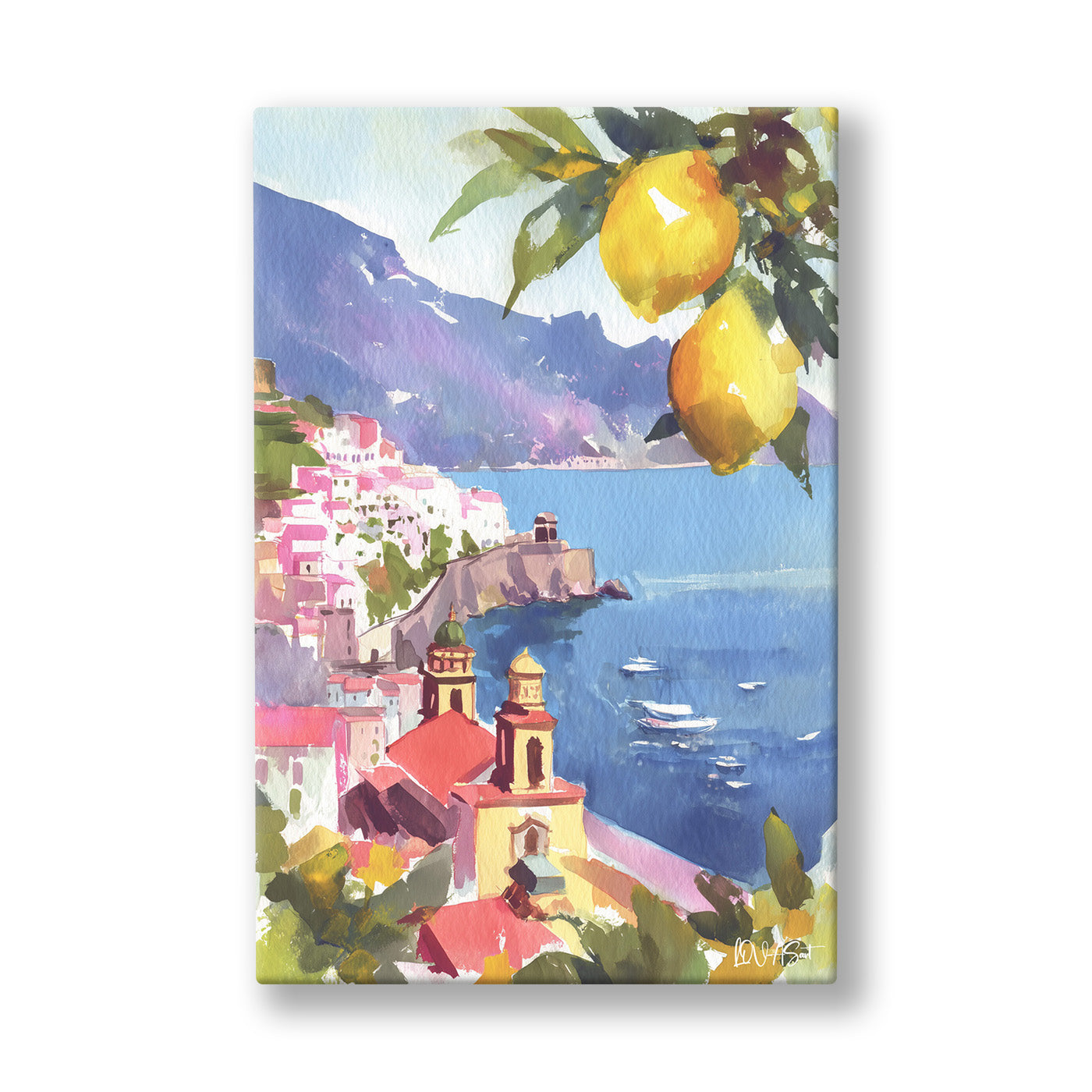 Limonlu Sahil kanvas tablo — Mor dağların önündeki pembe kasabaya sarkan iri limon dalları.