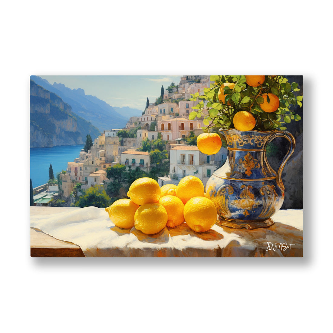Limonlu Sahil Manzarası kanvas tablo — Masadaki sarı limonların ardında yamaca kurulmuş kıyı kasabası.